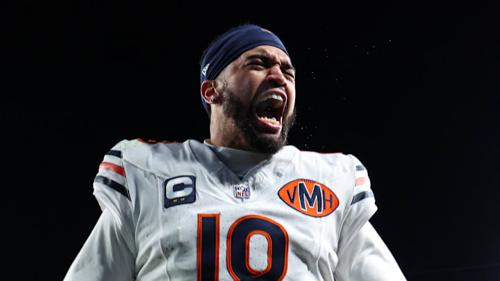 Nov 28, 2025; Philadelphia, Pennsylvania, USA; Chicago Bears quarterback Caleb Williams (18) reacts to a win against the Philadelphia Eagles at Lincoln Financial Field. Mandatory Credit: Bill Streicher-Imagn Images