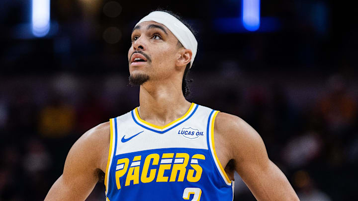 Mar 29, 2026; Indianapolis, Indiana, USA; Indiana Pacers guard Andrew Nembhard (2) in the second half against the Miami Heat at Gainbridge Fieldhouse. Mandatory Credit: Trevor Ruszkowski-Imagn Images