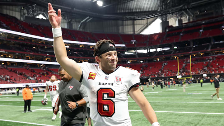 Baker Mayfield celebrates Tampa Bay Buccaneers Week 1 victory v Atlanta Falcons