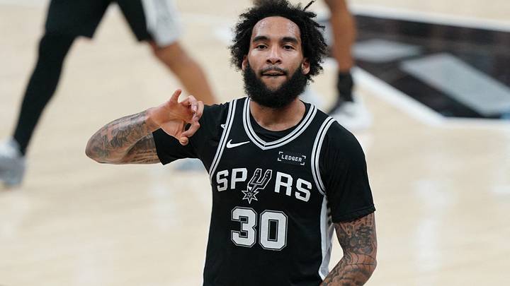 May 28, 2026; San Antonio, Texas, USA; San Antonio Spurs forward Julian Champagnie (30) reacts in the second half during game six of the western conference finals for the 2026 NBA playoffs at Frost Bank Center. Mandatory Credit: Dustin Safranek-Imagn Images