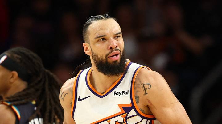 Phoenix, Arizona, USA; Phoenix Suns forward Dillon Brooks (3) reacts against the Detroit Pistons in the second half at Mortgage Matchup Center on Jan 29, 2026. Phoenix, Arizona, USA; Phoenix Suns forward Dillon Brooks (3) reacts against the Detroit Pistons in the second half at Mortgage Matchup Center on Jan 29, 2026.