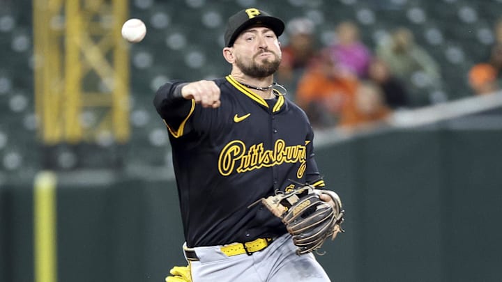 Sep 10, 2025; Baltimore, Maryland, USA; Pittsburgh Pirates shortstop Jared Triolo (19) throws to first for an out during the third inning against the Baltimore Orioles at Oriole Park at Camden Yards. Mandatory Credit: Daniel Kucin Jr.-Imagn Images