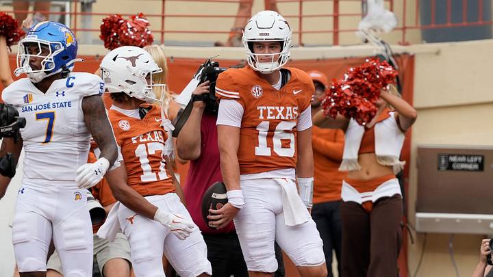 Texas Longhorns quarterback Arch Manning reacts after running for a touchdown during the second half against the San Jose State Spartans at Darrell K Royal-Texas Memorial Stadium.