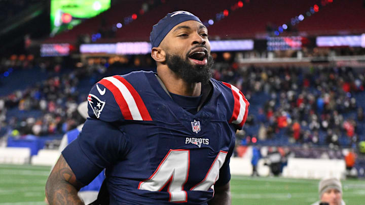 Jan 11, 2026; Foxborough, MA, USA; New England Patriots linebacker K'Lavon Chaisson (44) jogs off the field after defeating the Los Angeles Chargers in an AFC Wild Card Round game at Gillette Stadium. Mandatory Credit: Eric Canha-Imagn Images