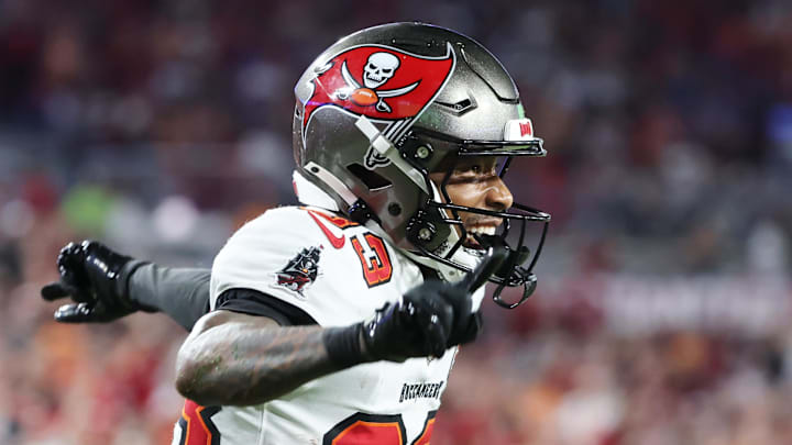 Aug 23, 2025; Tampa, Florida, USA;Tampa Bay Buccaneers wide receiver Tez Johnson (83) celebrates after scoring a touchdown against the Buffalo Bills during the second quarter at Raymond James Stadium. Mandatory Credit: Kim Klement Neitzel-Imagn Images