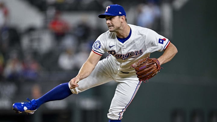 Sep 5, 2024; Arlington, Texas, USA; Texas Rangers relief pitcher David Robertson (37) pitches against the Los Angeles Angels during the game at Globe Life Field. 