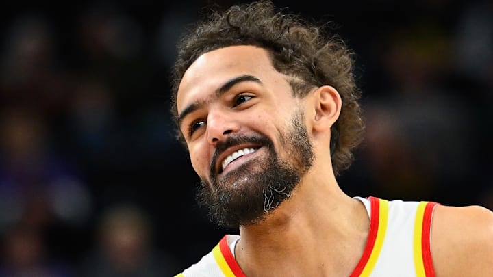 Trae Young #10 of the Atlanta Hawks reacts against the Utah Jazz.