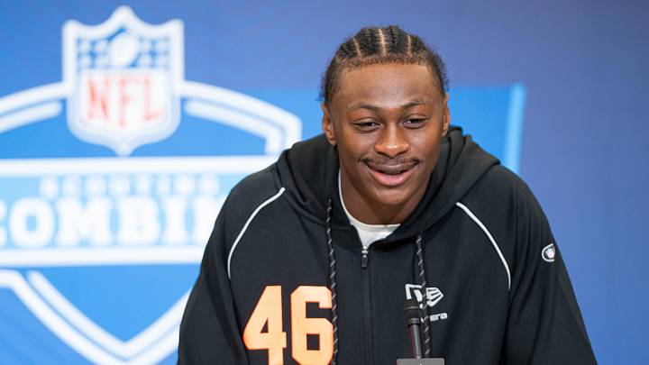 Feb 27, 2026; Indianapolis, IN, USA; Georgia wideout Colbie Young (WO46) speaks to members of the media during the NFL Combine at the Indiana Convention Center. Mandatory Credit: Jacob Musselman-Imagn Images Feb 27, 2026; Indianapolis, IN, USA; Georgia wideout Colbie Young (WO46) speaks to members of the media during the NFL Combine at the Indiana Convention Center. Mandatory Credit: Jacob Musselman-Imagn Images