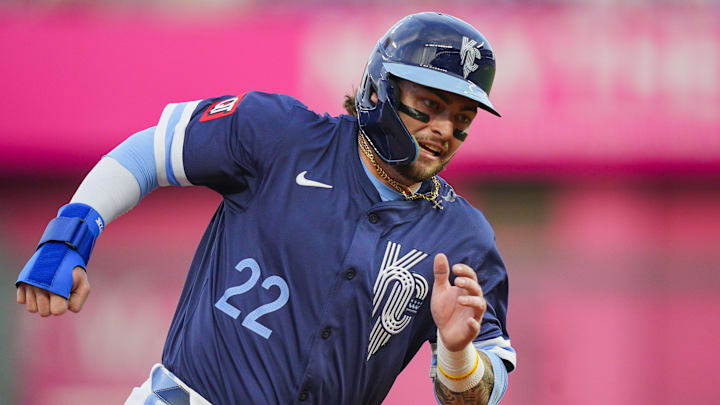 Kansas City Royals catcher Carter Jensen (22) rounds third base 
