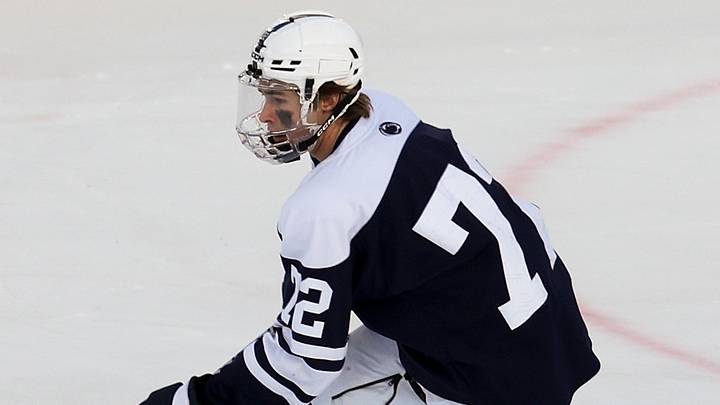 Jan 31, 2026; State College, PA, USA; Penn State Nittany Lions forward Gavin McKenna (72) moves with the puck during the third period against the Michigan State Spartans at Beaver Stadium. Mandatory Credit: Matthew O'Haren-Imagn Images