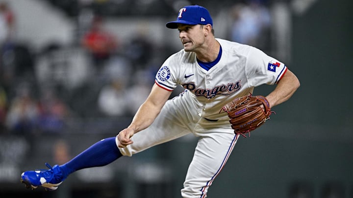 Sep 5, 2024; Arlington, Texas, USA; Texas Rangers relief pitcher David Robertson (37) pitches against the Los Angeles Angels during the game at Globe Life Field. 