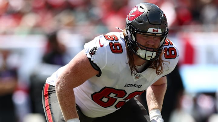 Sep 29, 2024; Tampa, Florida, USA; Tampa Bay Buccaneers guard Cody Mauch (69) lines up against the Philadelphia Eagles in the first quarter at Raymond James Stadium. Mandatory Credit: Nathan Ray Seebeck-Imagn Images
