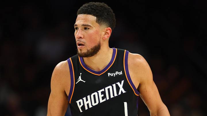 Apr 27, 2026; Phoenix, Arizona, USA; Phoenix Suns guard Devin Booker (1) against the Oklahoma City Thunder during game four of the first round of the 2026 NBA Playoffs at Mortgage Matchup Center. Mandatory Credit: Mark J. Rebilas-Imagn Images
Apr 27, 2026; Phoenix, Arizona, USA; Phoenix Suns guard Devin Booker (1) against the Oklahoma City Thunder during game four of the first round of the 2026 NBA Playoffs at Mortgage Matchup Center. Mandatory Credit: Mark J. Rebilas-Imagn Images