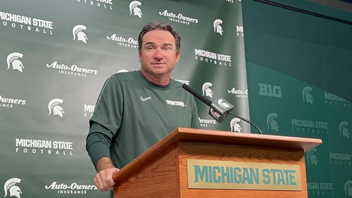 Michigan State head coach Jonathan Smith during Monday's press conference. Michigan State head coach Jonathan Smith during Monday's press conference.