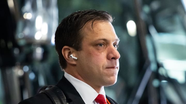 Feb 11, 2024; Paradise, Nevada, USA; Kansas City Chiefs general manager Brett Veach arrives before Super Bowl LVIII against the San Francisco 49ers at Allegiant Stadium. Mandatory Credit: Mark J. Rebilas-USA TODAY Sports