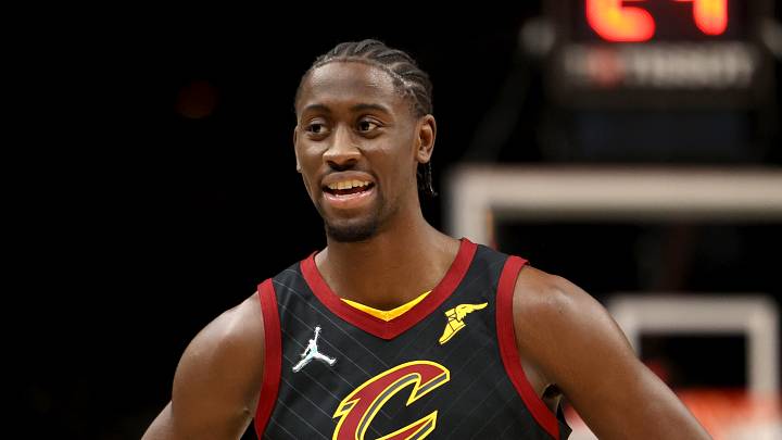 Cleveland Cavaliers guard Caris LeVert (3) reacts to a call during the second half against the Atlanta Hawks at State Farm Arena on February 15, 2022.