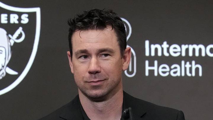 Apr 24, 2026; Henderson, NV, USA; Las Vegas Raiders coach Klint Kubiak at press conference at Intermountain Health Performance Center. Mandatory Credit: Kirby Lee-Imagn Images Apr 24, 2026; Henderson, NV, USA; Las Vegas Raiders coach Klint Kubiak at press conference at Intermountain Health Performance Center. Mandatory Credit: Kirby Lee-Imagn Images