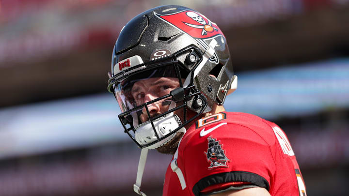 Jan 5, 2025; Tampa, Florida, USA; Tampa Bay Buccaneers quarterback Baker Mayfield (6) looks on before a game against the New Orleans Saints at Raymond James Stadium. Mandatory Credit: Nathan Ray Seebeck-Imagn Images