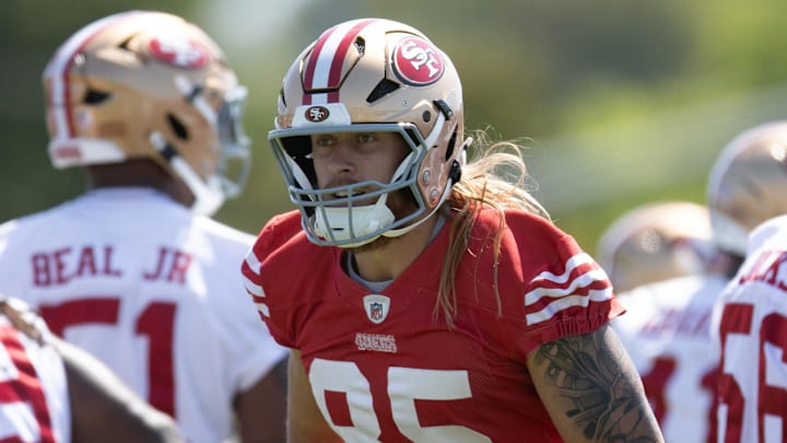 Jun 10, 2025; Santa Clara, CA, USA; San Francisco 49ers tight end George Kittle (85) works out with his teammates during an OTA at Levi's Stadium. Mandatory Credit: D. Ross Cameron-Imagn Images