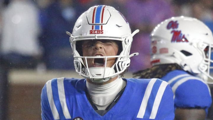 Nov 9, 2024; Oxford, Mississippi, USA; Mississippi Rebels quarterback Jaxson Dart (2) reacts during the second half  against the Georgia Bulldogs at Vaught-Hemingway Stadium. Mandatory Credit: Petre Thomas-Imagn Images