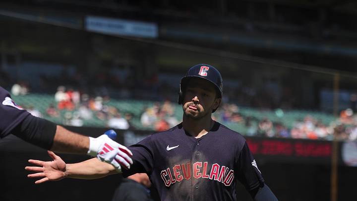 Sep 13, 2023; San Francisco, California, USA; Cleveland Guardians left fielder Steven Kwan (38) scores a run during the second inning against the San Francisco Giants at Oracle Park. Mandatory Credit: Sergio Estrada-Imagn Images