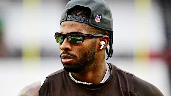 Nov 30, 2025; Cleveland, Ohio, USA;  Cleveland Browns quarterback Shedeur Sanders (12) warms up before the game against the San Francisco 49ers at Huntington Bank Field. Mandatory Credit: Ken Blaze-Imagn Images