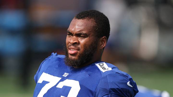 Aug 4, 2025; East Rutherford, NJ, USA; New York Giants offensive tackle Evan Neal