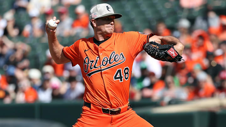 May 17, 2025; Baltimore, Maryland, USA; Baltimore Orioles pitcher Kyle Gibson (48) throws during the first inning against the Washington Nationals at Oriole Park at Camden Yards.
