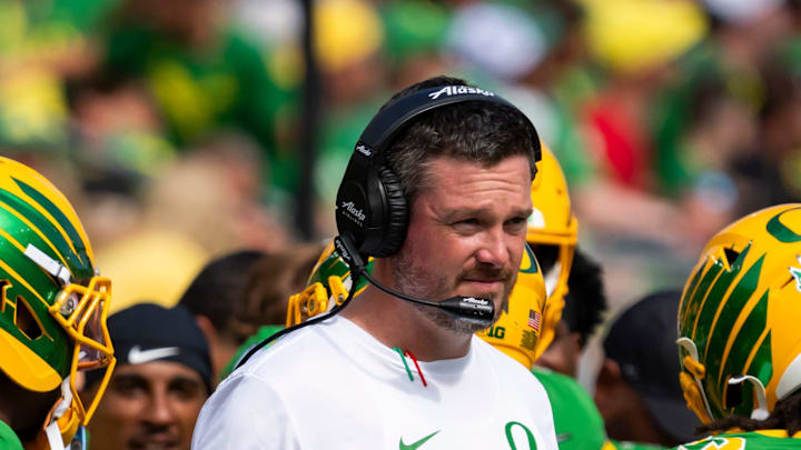 Oregon head coach Dan Lanning looks on as the Oregon Ducks host the Montana State Bobcats on Aug. 30, 2025, at Autzen Stadium in Eugene, Oregon.