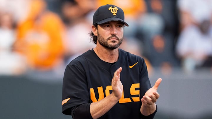 Tennessee head coach Tony Vitello during a college baseball game between Tennessee and Vanderbilt at Lindsey Nelson Stadium in Knoxville, Tenn., on May 9, 2025.