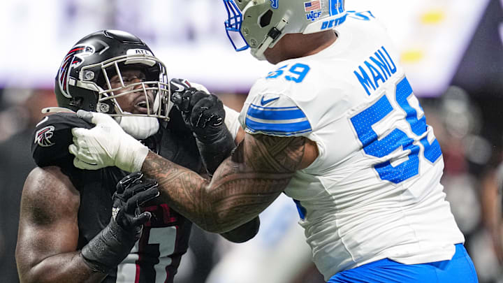 Aug 8, 2025; Atlanta, Georgia, USA; Atlanta Falcons linebacker Jalon Walker (11) works against Detroit Lions offensive tackle Giovanni Manu (59) during the first quarter at Mercedes-Benz Stadium. Mandatory Credit: Dale Zanine-Imagn Images