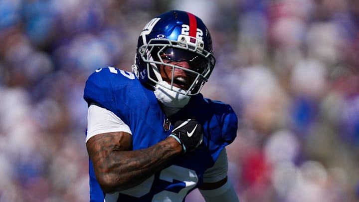 New York Giants cornerback Dru Phillips (22) celebrates after breaking up a play during a game against the Los Angeles Chargers at MetLife Stadium, Sep 28, 2025, East Rutherford, NJ, USA. New York Giants cornerback Dru Phillips (22) celebrates after breaking up a play during a game against the Los Angeles Chargers at MetLife Stadium, Sep 28, 2025, East Rutherford, NJ, USA.