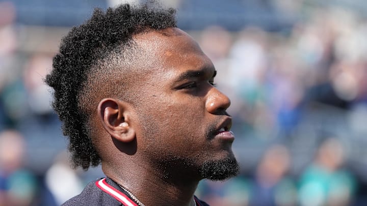 Feb 26, 2026; Peoria, Arizona, USA; Cleveland Guardians center fielder Angel Martinez (1) looks on before the game against the Seattle Mariners at Peoria Sports Complex. Mandatory Credit: Rick Scuteri-Imagn Images