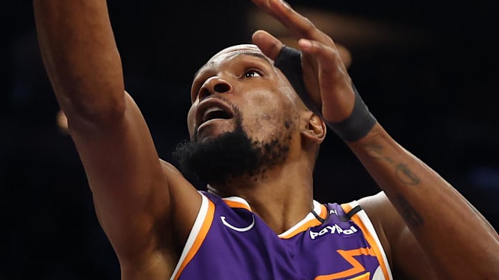 Jan 29, 2025; Phoenix, Arizona, USA; Phoenix Suns forward Kevin Durant (35) shoots the ball against the Minnesota Timberwolves in the second half at Footprint Center. Mandatory Credit: Mark J. Rebilas-Imagn Images