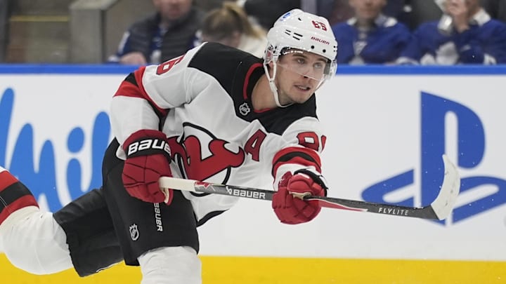 Oct 21, 2025; Toronto, Ontario, CAN; New Jersey Devils forward Jack Hughes (86) scores against the Toronto Maple Leafs during the second period at Scotiabank Arena. Mandatory Credit: John E. Sokolowski-Imagn Images Oct 21, 2025; Toronto, Ontario, CAN; New Jersey Devils forward Jack Hughes (86) scores against the Toronto Maple Leafs during the second period at Scotiabank Arena. Mandatory Credit: John E. Sokolowski-Imagn Images