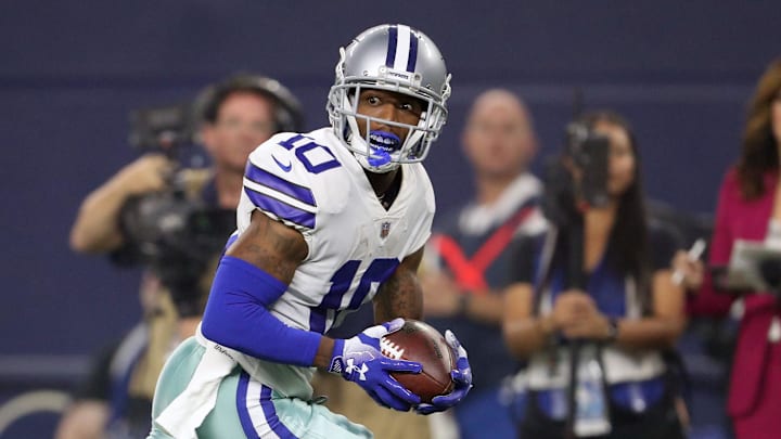 Sep 16, 2018; Arlington, TX, USA; Dallas Cowboys receiver Tavon Austin (10) runs after a reception for a touchdown against the New York Giants at AT&T Stadium. Mandatory Credit: Matthew Emmons-USA TODAY Sports