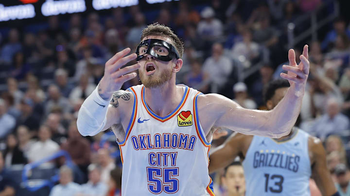 Mar 27, 2025; Oklahoma City, Oklahoma, USA; Oklahoma City Thunder center Isaiah Hartenstein (55) reacts after a play against the Memphis Grizzlies during the second quarter at Paycom Center. Mandatory Credit: Alonzo Adams-Imagn Images