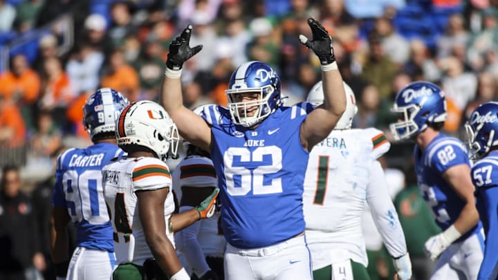 Nov 27, 2021; Durham, North Carolina, USA;  Duke Blue Devils offensive tackle Graham Barton (62)