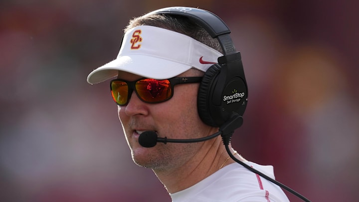 Nov 30, 2024; Los Angeles, California, USA; Southern California Trojans head coach Lincoln Riley reacts against the Notre Dame Fighting Irish in the second half at United Airlines Field at Los Angeles Memorial Coliseum. Mandatory Credit: Kirby Lee-Imagn Images