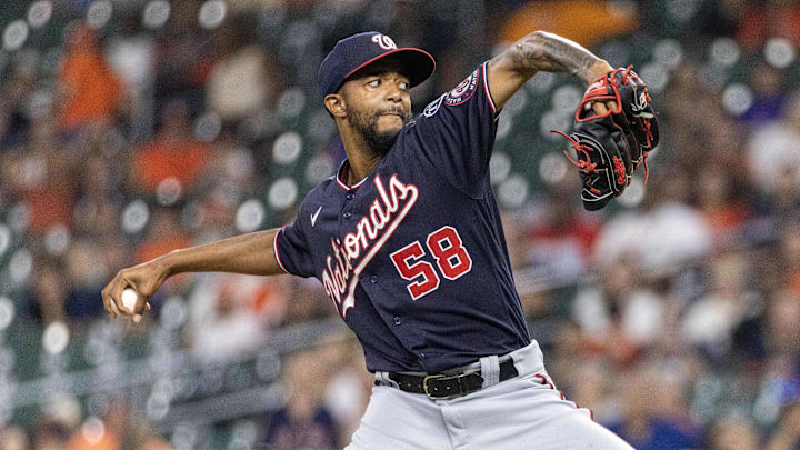 Washington Nationals relief pitcher Carl Edwards Jr. (58) throws against the Houston Astros in the tenth inning at Minute Maid Park. Washington Nationals relief pitcher Carl Edwards Jr. (58) throws against the Houston Astros in the tenth inning at Minute Maid Park.