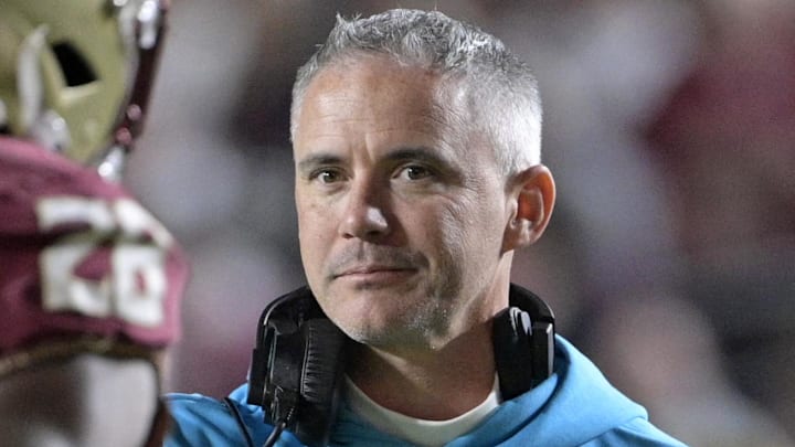 Nov 1, 2025; Tallahassee, Florida, USA; Florida State Seminoles head coach Mike Norvell celebrates a touchdown during the fourth quarter against the Wake Forest Demon Deacons at Doak S. Campbell Stadium. Mandatory Credit: Melina Myers-Imagn Images