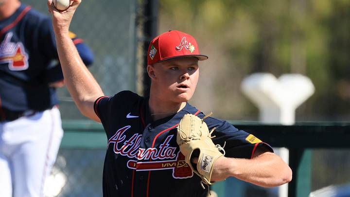 Feb 10, 2026; North Port, FL, USA;  Atlanta Braves pitcher Garrett Baumann (90) works out during spring training workouts. Mandatory Credit: Kim Klement Neitzel-Imagn Images