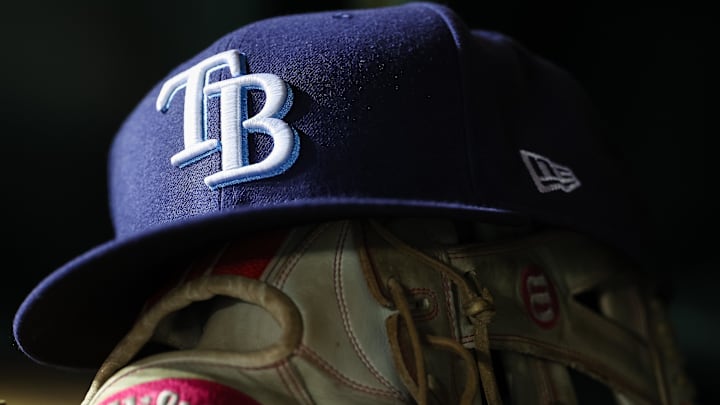 Apr 3, 2023; Washington, District of Columbia, USA; A general view of a Tampa Bay Rays hat and glove during the seventh inning of the game against the Washington Nationals at Nationals Park.