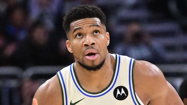 Milwaukee Bucks forward Giannis Antetokounmpo (34) reacts after scoring his 21,000th career point in the third quarter against the Brooklyn Nets at Fiserv Forum on Nov 29, 2025. Milwaukee Bucks forward Giannis Antetokounmpo (34) reacts after scoring his 21,000th career point in the third quarter against the Brooklyn Nets at Fiserv Forum on Nov 29, 2025.