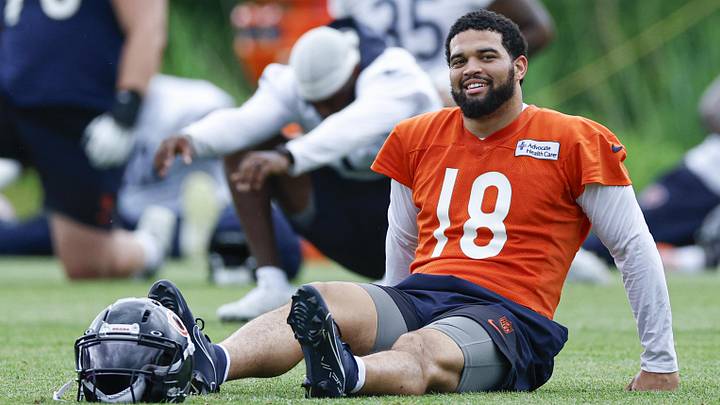 Jun 11, 2026; Lake Forest, IL, USA; Chicago Bears quarterback Caleb Williams (18) smiles during Minicamp at Halas Hall. Mandatory Credit: Kamil Krzaczynski-Imagn Images