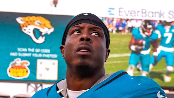Jacksonville Jaguars running back Travis Etienne walks off the field Jacksonville Jaguars running back Travis Etienne walks off the field