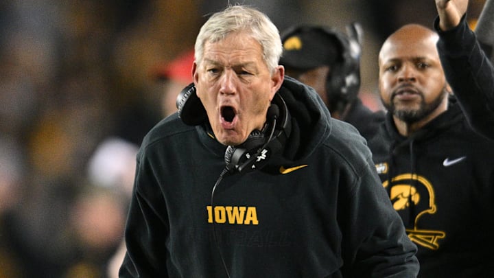Nov 11, 2023; Iowa City, Iowa, USA; Iowa Hawkeyes head coach Kirk Ferentz reacts during the fourth quarter against the Rutgers Scarlet Knights at Kinnick Stadium. Mandatory Credit: Jeffrey Becker-Imagn Images