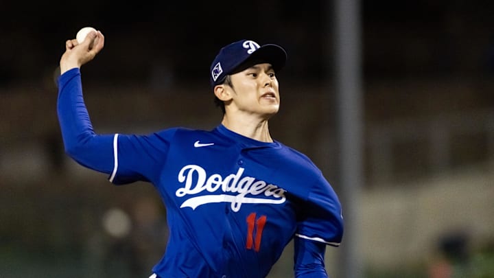 Mar 4, 2025; Phoenix, Arizona, USA; Los Angeles Dodgers pitcher Roki Sasaki against the Cincinnati Reds during a spring training game at Camelback Ranch-Glendale. 
