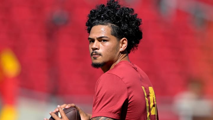 Sep 6, 2025; Los Angeles, California, USA;  USC Trojans quarterback Jayden Maiava (14) warms up prior to the game against the Georgia Southern Eagles at United Airlines Field at Los Angeles Memorial Coliseum. Mandatory Credit: Jayne Kamin-Oncea-Imagn Images