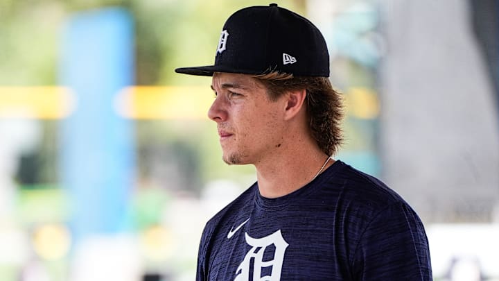 Detroit Tigers prospect Bryce Rainer watches practice during spring training at TigerTown in Lakeland on Friday, Feb. 20, 2025. Detroit Tigers prospect Bryce Rainer watches practice during spring training at TigerTown in Lakeland on Friday, Feb. 20, 2025.